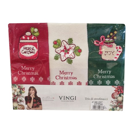 STROFINACCI SPUGNA COTONE RICAMATO CONF. 3 PEZZI NATALE BARATTOLO MERRY VINGI