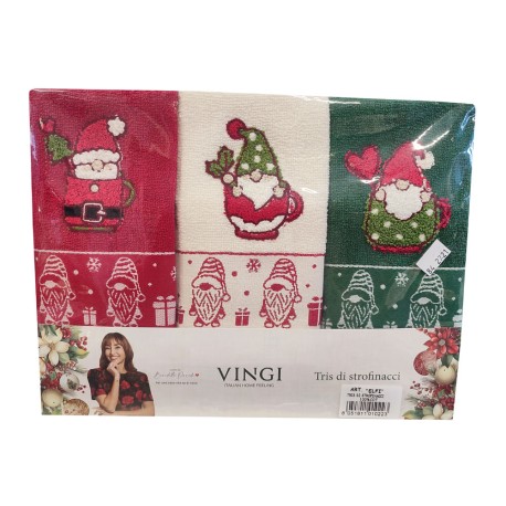 STROFINACCI SPUGNA COTONE RICAMATO CONF. 3 PEZZI NATALE BABBI VINGI