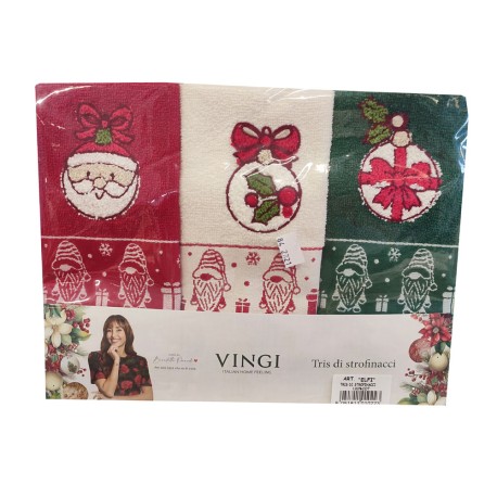 STROFINACCI SPUGNA COTONE RICAMATO CONF. 3 PEZZI NATALE AGRIFOGLIO VINGI