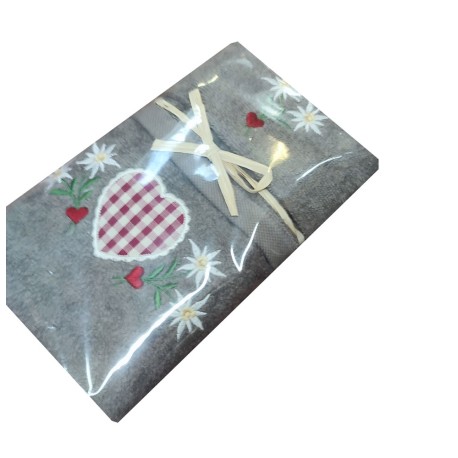 SET SPUGNA RICAMATO ASCIUGAMANO + OSPITE CUORE QUADRETTI PEZZOLI