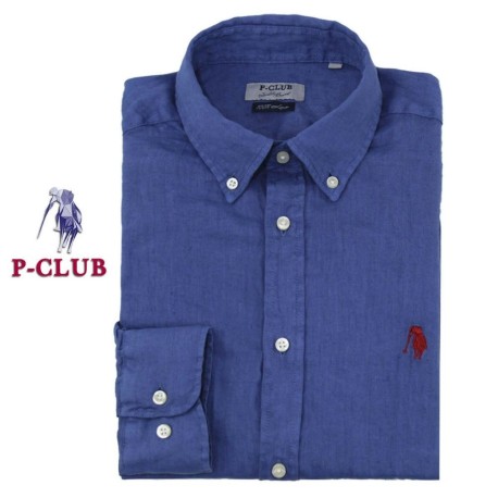 CAMICIA UOMO MANICA LUNGA P-CLUB 100% LINO REGULAR FIT COLLETTO BOTTON DOWN avio